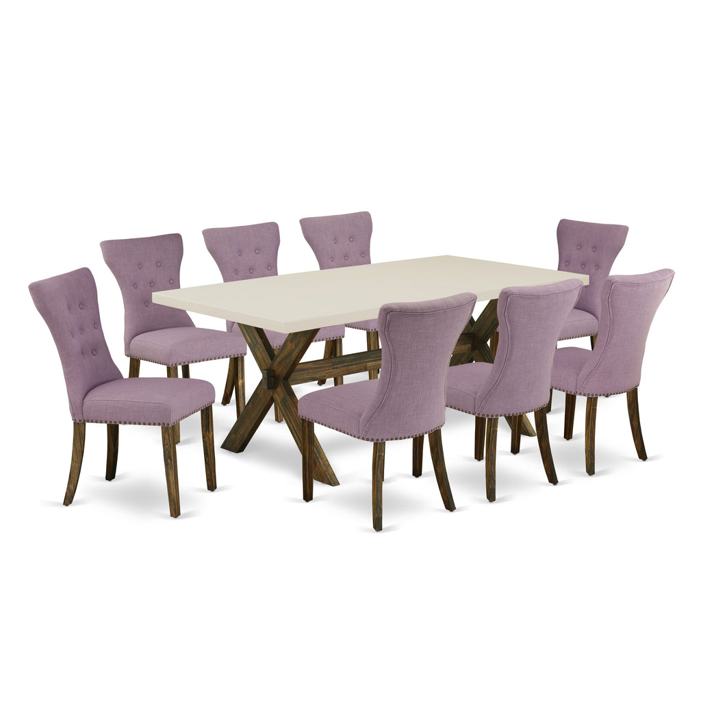 East West Furniture X727GA740-9 9 Piece Kitchen Table Set Includes a Rectangle Dining Table with X-Legs and 8 Dahlia Linen Fabric Parson Dining Room Chairs, 40x72 Inch, Multi-Color