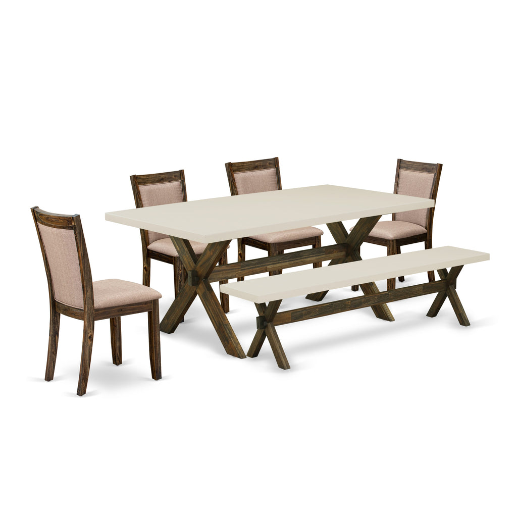 East West Furniture X727MZ716-6 6 Piece Dinette Set Contains a Rectangle Dining Table with X-Legs and 4 Dark Khaki Linen Fabric Parson Chairs with a Bench, 40x72 Inch, Multi-Color