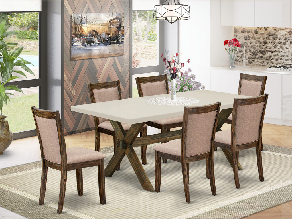 East West Furniture X727MZ716-7 7 Piece Kitchen Table Set Consist of a Rectangle Dining Table with X-Legs and 6 Dark Khaki Linen Fabric Parson Dining Chairs, 40x72 Inch, Multi-Color