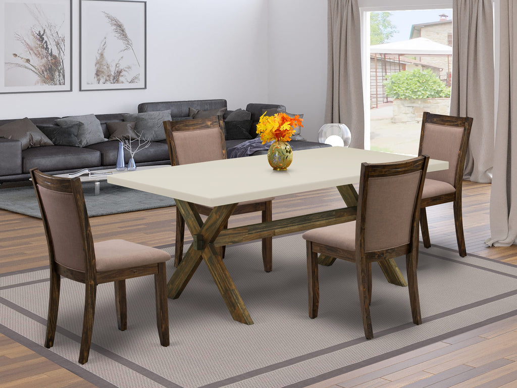 East West Furniture X727MZ748-5 5 Piece Dining Room Furniture Set Includes a Rectangle Dining Table with X-Legs and 4 Coffee Linen Fabric Upholstered Chairs, 40x72 Inch, Multi-Color