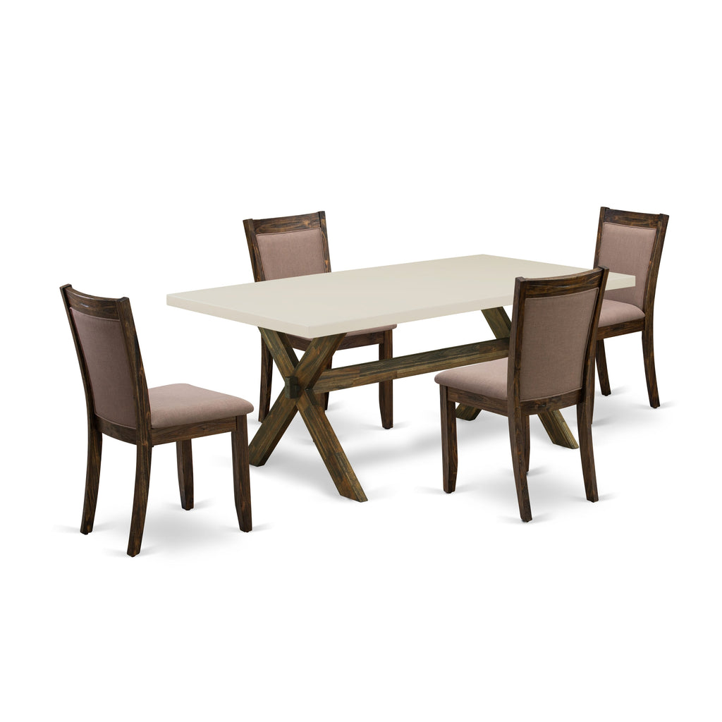 East West Furniture X727MZ748-5 5 Piece Dining Room Furniture Set Includes a Rectangle Dining Table with X-Legs and 4 Coffee Linen Fabric Upholstered Chairs, 40x72 Inch, Multi-Color