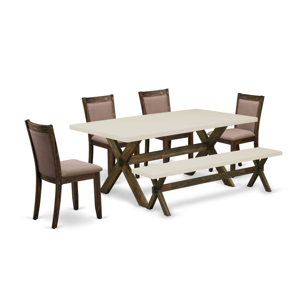 East West Furniture X727MZ748-6 6 Piece Dining Table Set Contains a Rectangle Kitchen Table with X-Legs and 4 Coffee Linen Fabric Upholstered Chairs with a Bench, 40x72 Inch, Multi-Color