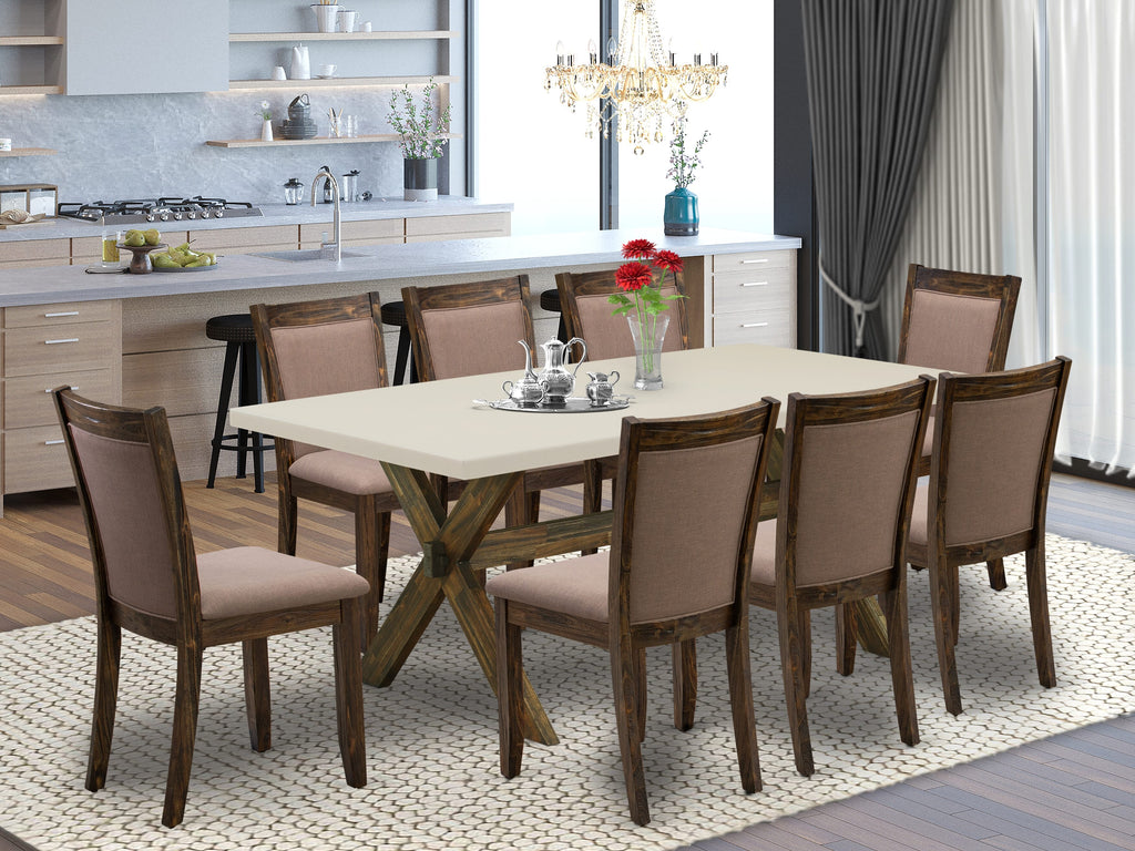 East West Furniture X727MZ748-9 9 Piece Dining Table Set Includes a Rectangle Dining Room Table with X-Legs and 8 Coffee Linen Fabric Upholstered Chairs, 40x72 Inch, Multi-Color