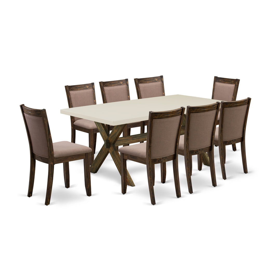 East West Furniture X727MZ748-9 9 Piece Dining Table Set Includes a Rectangle Dining Room Table with X-Legs and 8 Coffee Linen Fabric Upholstered Chairs, 40x72 Inch, Multi-Color