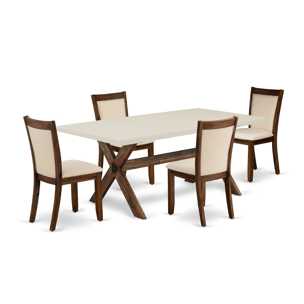 East West Furniture X727MZN32-5 5 Piece Dining Room Furniture Set Includes a Rectangle Dining Table with X-Legs and 4 Light Beige Linen Fabric Upholstered Chairs, 40x72 Inch, Multi-Color