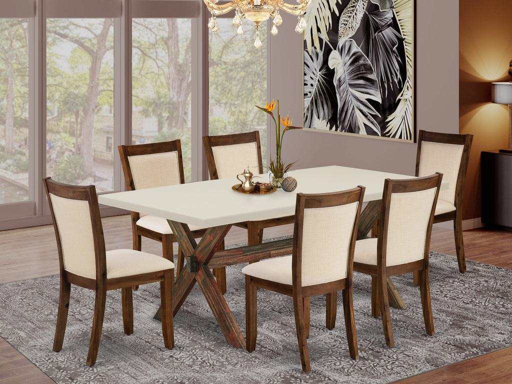 East West Furniture X727MZN32-7 7 Piece Modern Dining Table Set Consist of a Rectangle Wooden Table with X-Legs and 6 Light Beige Linen Fabric Upholstered Chairs, 40x72 Inch, Multi-Color