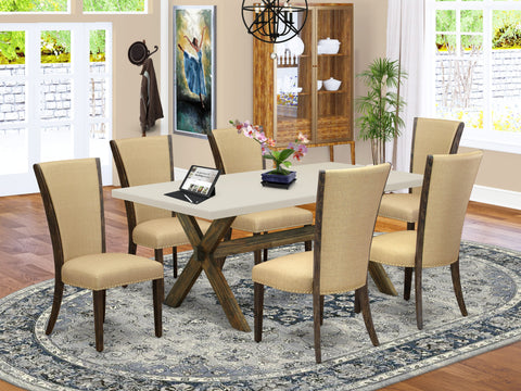 East West Furniture X727VE703-7 7 Piece Modern Dining Table Set Consist of a Rectangle Wooden Table with X-Legs and 6 Brown Linen Fabric Upholstered Parson Chairs, 40x72 Inch, Multi-Color