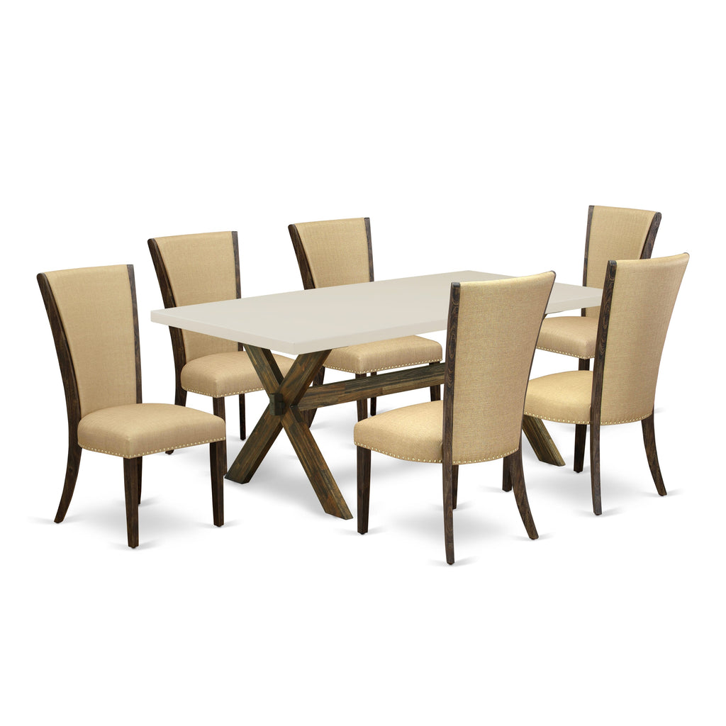 East West Furniture X727VE703-7 7 Piece Modern Dining Table Set Consist of a Rectangle Wooden Table with X-Legs and 6 Brown Linen Fabric Upholstered Parson Chairs, 40x72 Inch, Multi-Color