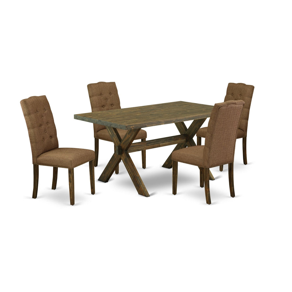 East West Furniture X776EL718-5 5 Piece Modern Dining Table Set Includes a Rectangle Wooden Table with X-Legs and 4 Brown Linen Linen Fabric Parson Dining Chairs, 36x60 Inch, Multi-Color