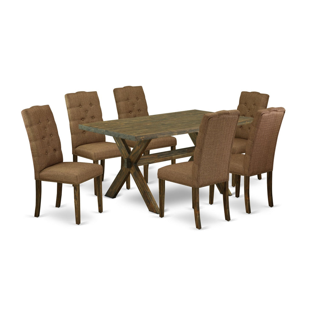 East West Furniture X776EL718-7 7 Piece Dining Table Set Consist of a Rectangle Kitchen Table with X-Legs and 6 Brown Linen Linen Fabric Parson Dining Chairs, 36x60 Inch, Multi-Color