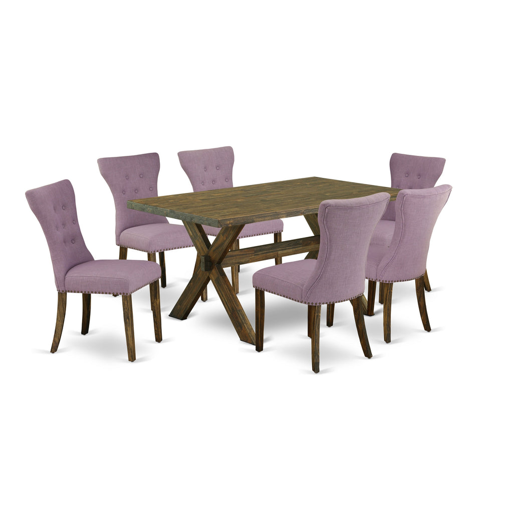 East West Furniture X776GA740-7 7 Piece Dining Room Furniture Set Consist of a Rectangle Dining Table with X-Legs and 6 Dahlia Linen Fabric Upholstered Chairs, 36x60 Inch, Multi-Color