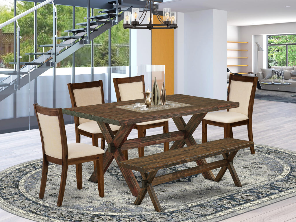 East West Furniture X776MZN32-6 6 Piece Dinette Set Contains a Rectangle Dining Table with X-Legs and 4 Light Beige Linen Fabric Parson Chairs with a Bench, 36x60 Inch, Multi-Color