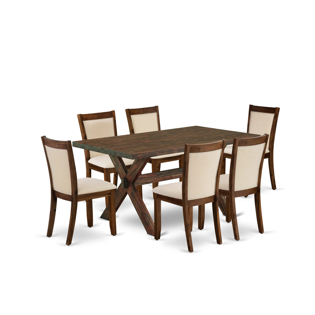 East West Furniture X776MZN32-7 7 Piece Dinette Set Consist of a Rectangle Dining Room Table with X-Legs and 6 Light Beige Linen Fabric Upholstered Parson Chairs, 36x60 Inch, Multi-Color