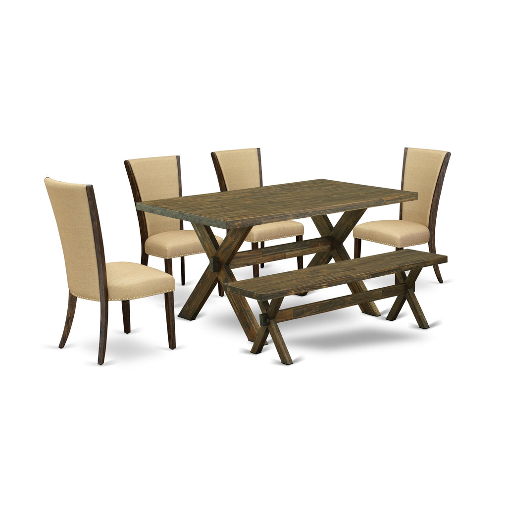 East West Furniture X776VE703-6 6 Piece Modern Dining Table Set Contains a Rectangle Wooden Table with X-Legs and 4 Brown Linen Fabric Parson Chairs with a Bench, 36x60 Inch, Multi-Color