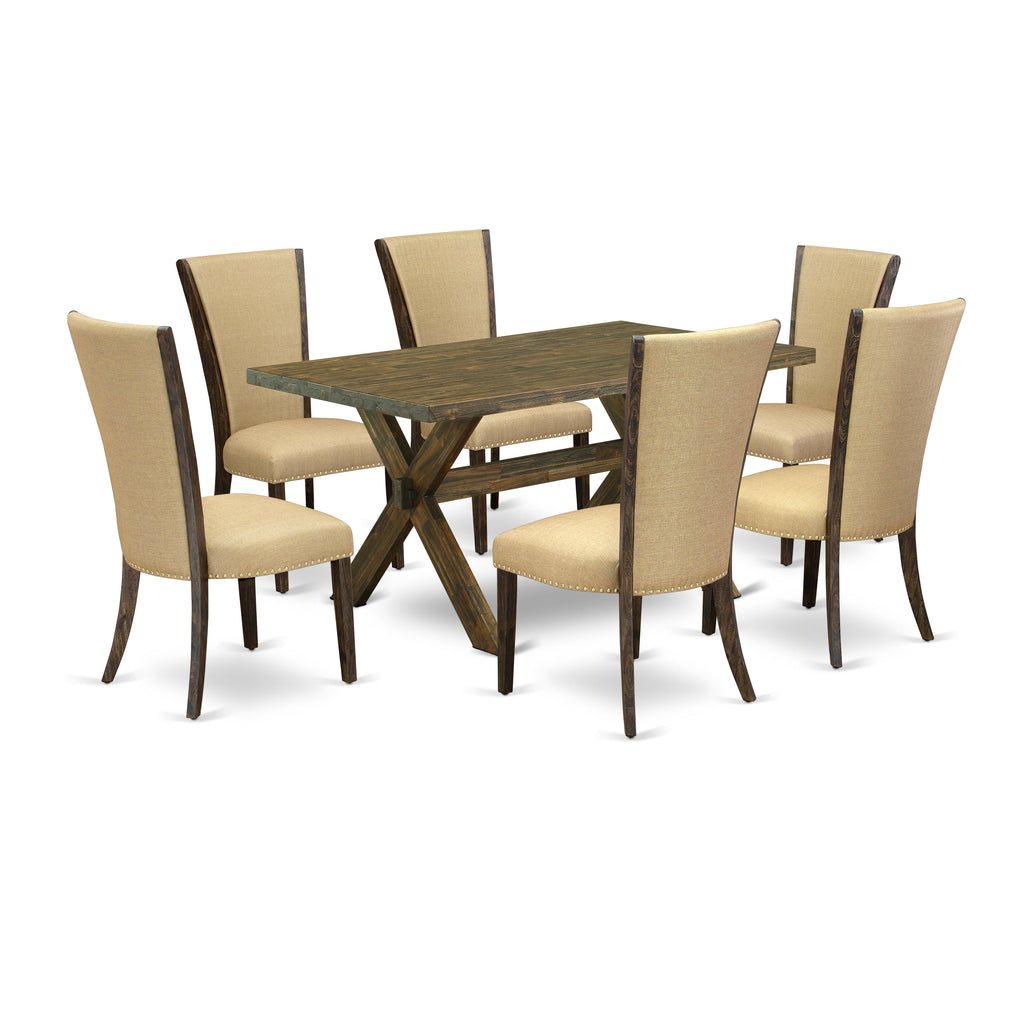 East West Furniture X776VE703-7 7 Piece Kitchen Table Set Consist of a Rectangle Dining Table with X-Legs and 6 Brown Linen Fabric Parson Dining Room Chairs, 36x60 Inch, Multi-Color
