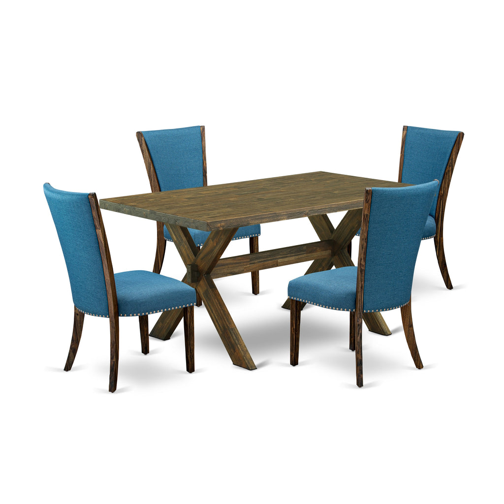 East West Furniture X776VE721-5 5 Piece Dining Table Set for 4 Includes a Rectangle Kitchen Table with X-Legs and 4 Blue Color Linen Fabric Parsons Dining Chairs, 36x60 Inch, Multi-Color