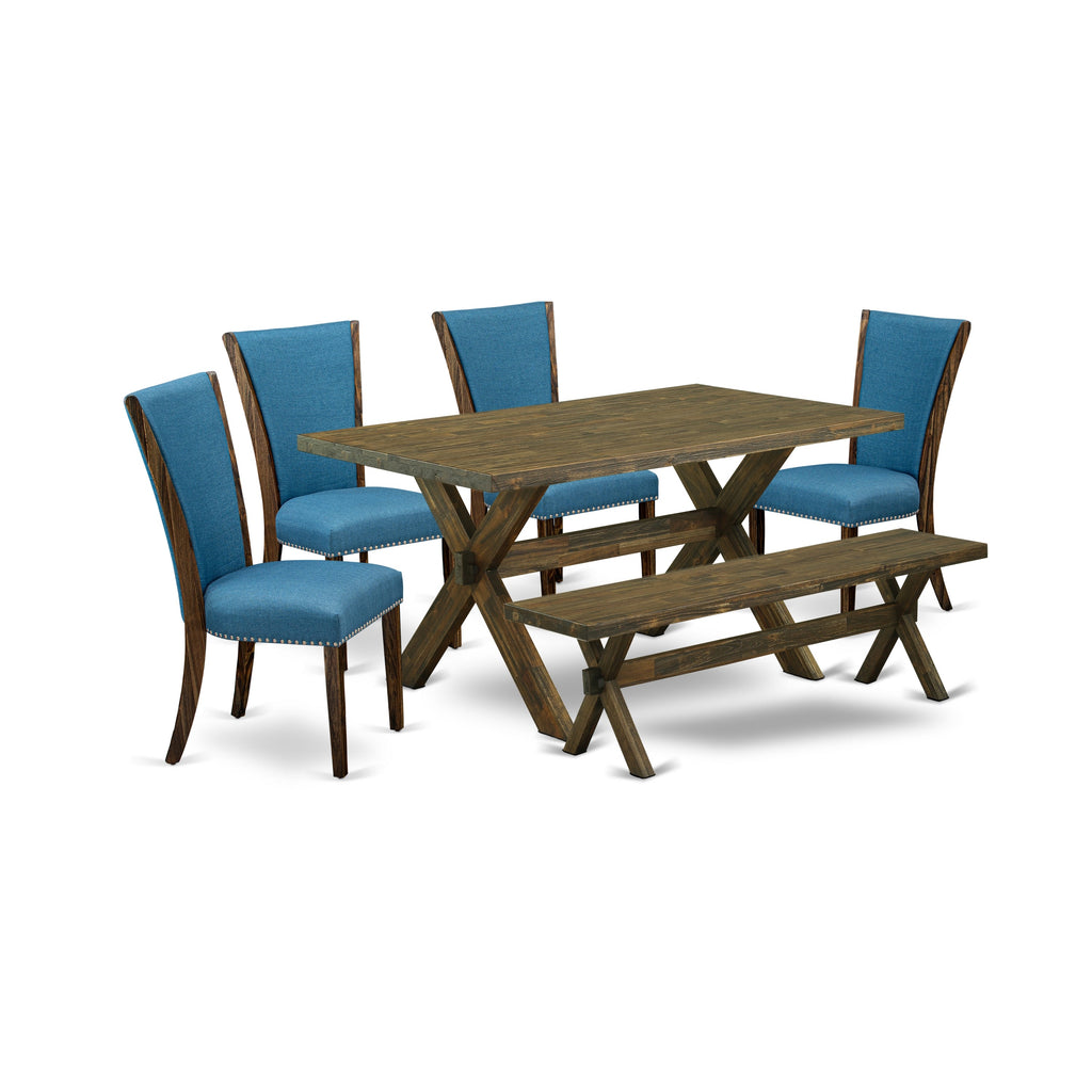 East West Furniture X776VE721-6 6 Piece Dining Set Contains a Rectangle Dining Room Table with X-Legs and 4 Blue Color Linen Fabric Parson Chairs with a Bench, 36x60 Inch, Multi-Color