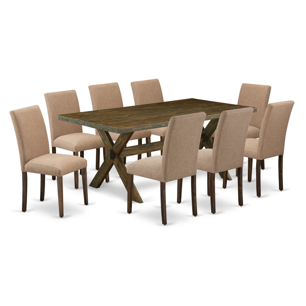 East West Furniture X777AB747-9 9 Piece Dining Room Furniture Set Includes a Rectangle Dining Table with X-Legs and 8 Light Sable Linen Fabric Upholstered Chairs, 40x72 Inch, Multi-Color