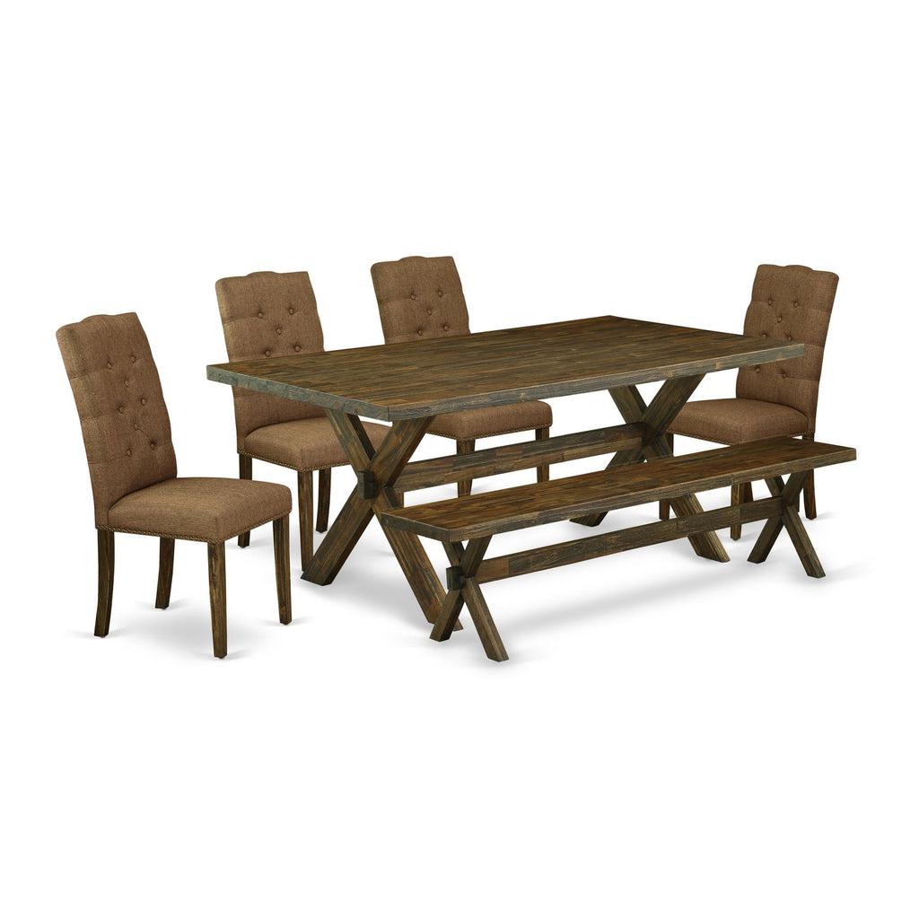 East West Furniture X777EL718-6 6 Piece Dining Table Set Contains a Rectangle Kitchen Table with X-Legs and 4 Brown Linen Linen Fabric Parson Chairs with a Bench, 40x72 Inch, Multi-Color
