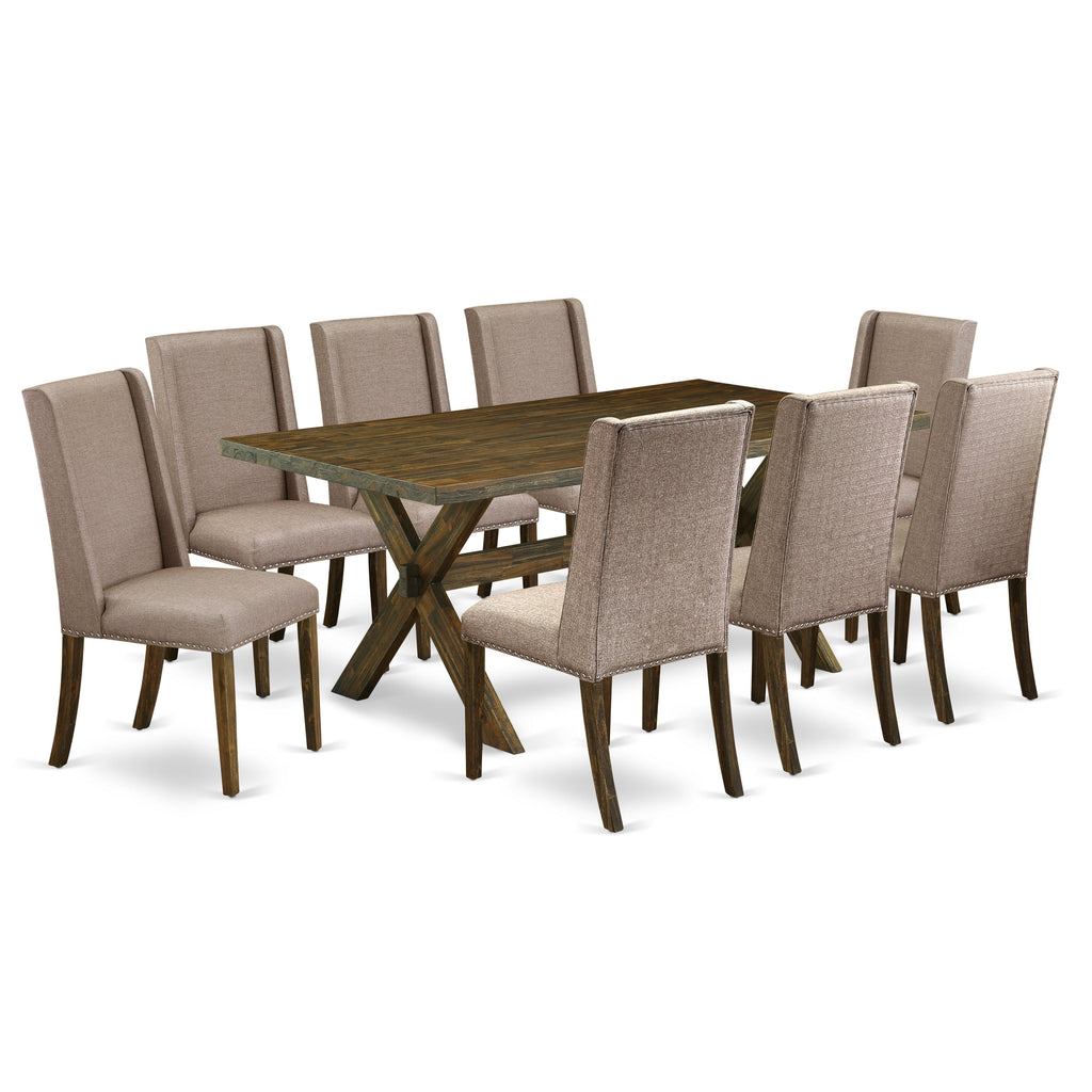 East West Furniture X777FL716-9 9 Piece Dining Table Set Includes a Rectangle Dining Room Table with X-Legs and 8 Dark Khaki Linen Fabric Parsons Chairs, 40x72 Inch, Multi-Color