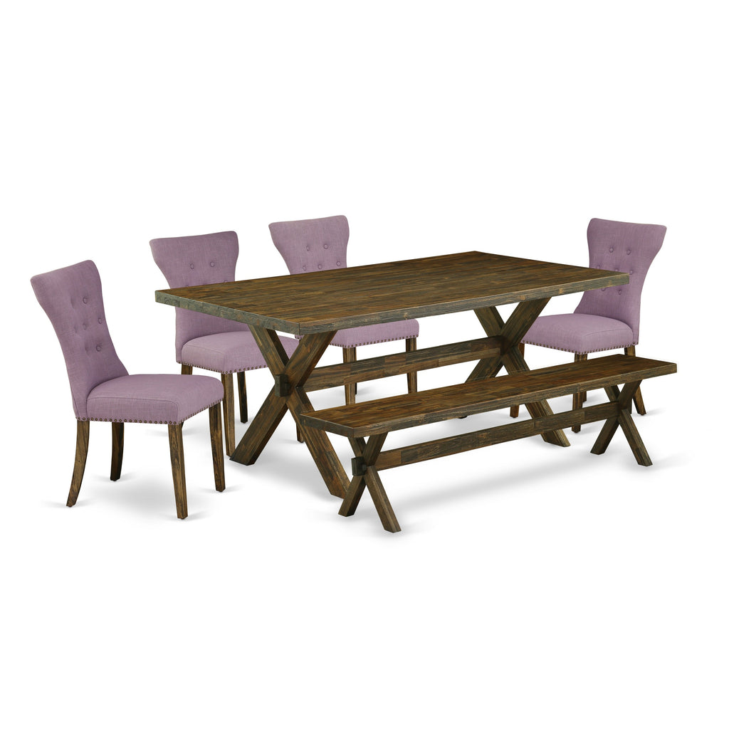 East West Furniture X777GA740-6 6 Piece Dining Set Contains a Rectangle Dining Room Table with X-Legs and 4 Dahlia Linen Fabric Parson Chairs with a Bench, 40x72 Inch, Multi-Color
