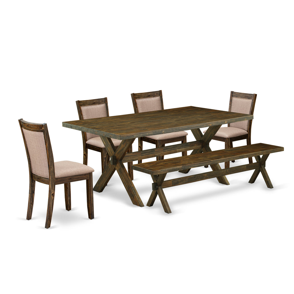 East West Furniture X777MZ716-6 6 Piece Dining Table Set Contains a Rectangle Dining Room Table with X-Legs and 4 Dark Khaki Linen Fabric Parson Chairs with a Bench, 40x72 Inch, Multi-Color