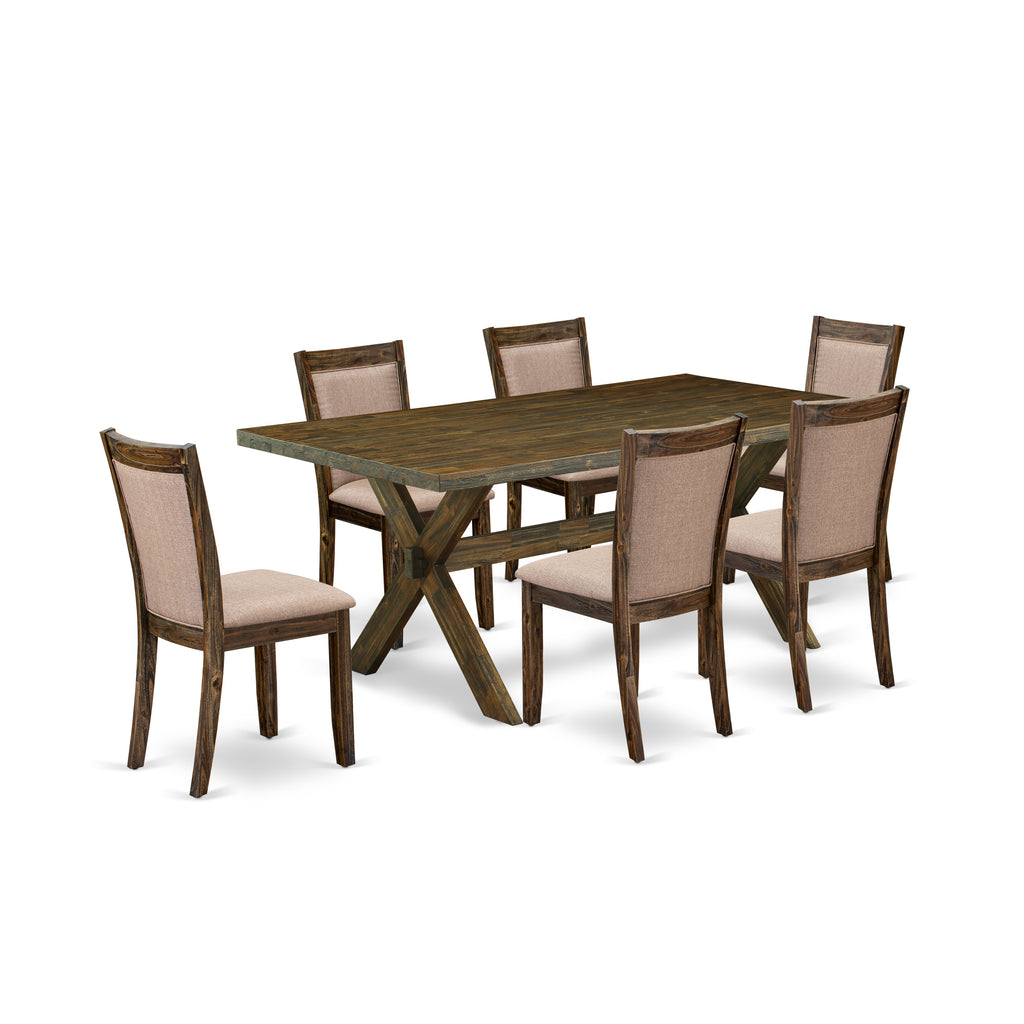 East West Furniture X777MZ716-7 7 Piece Dining Set Consist of a Rectangle Dining Room Table with X-Legs and 6 Dark Khaki Linen Fabric Upholstered Parson Chairs, 40x72 Inch, Multi-Color
