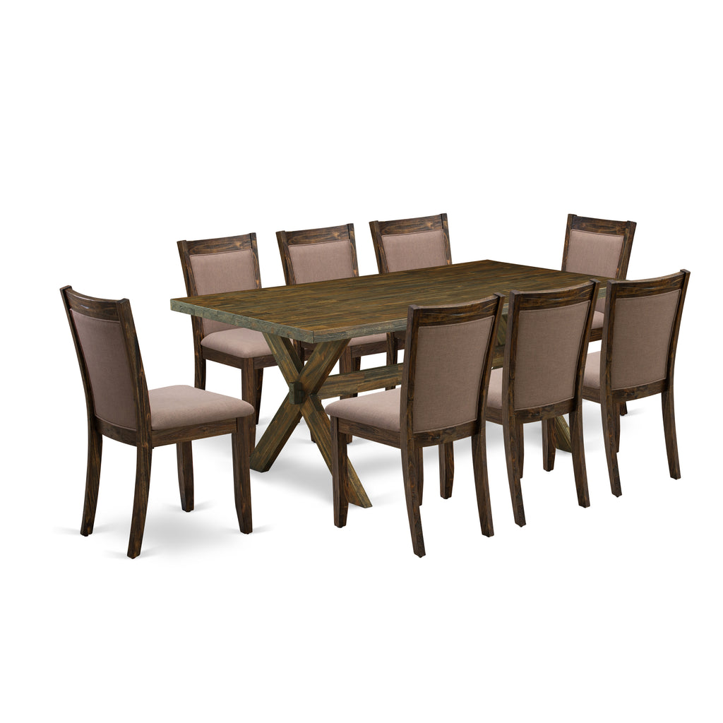 East West Furniture X777MZ748-9 9 Piece Dining Room Furniture Set Includes a Rectangle Dining Table with X-Legs and 8 Coffee Linen Fabric Upholstered Chairs, 40x72 Inch, Multi-Color