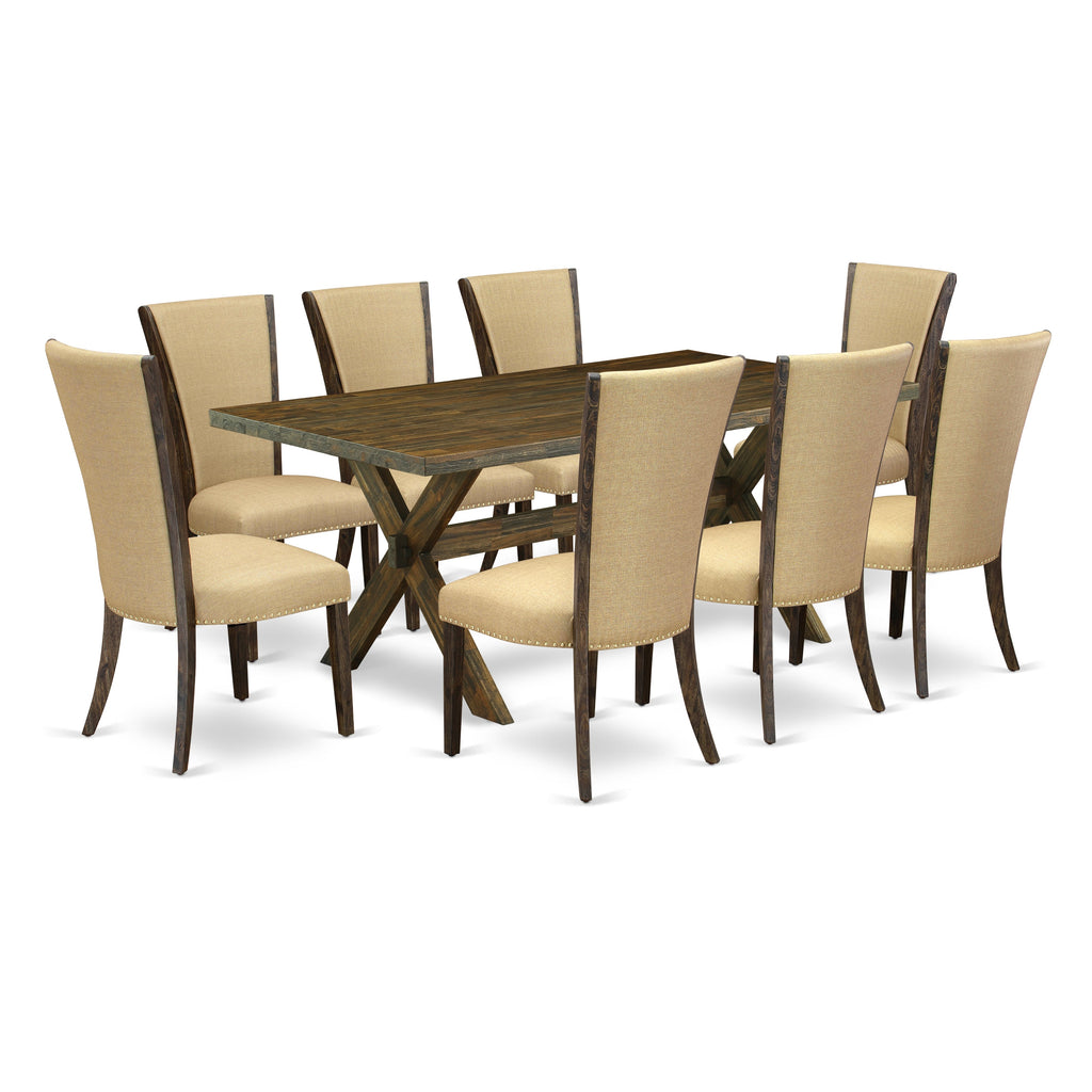 East West Furniture X777VE703-9 9 Piece Dining Room Furniture Set Includes a Rectangle Dining Table with X-Legs and 8 Brown Linen Fabric Upholstered Chairs, 40x72 Inch, Multi-Color