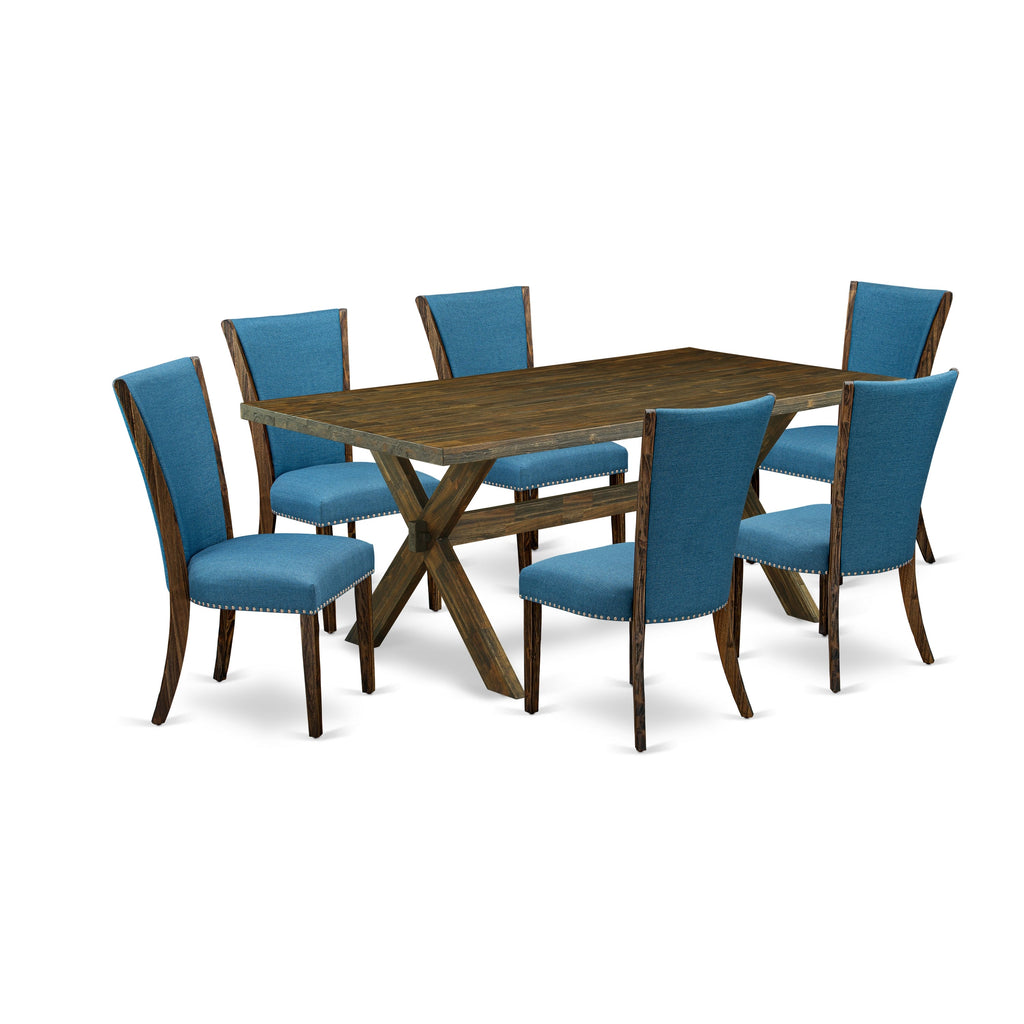 East West Furniture X777VE721-7 7 Piece Dining Room Furniture Set Consist of a Rectangle Dining Table with X-Legs and 6 Blue Color Linen Fabric Parsons Chairs, 40x72 Inch, Multi-Color