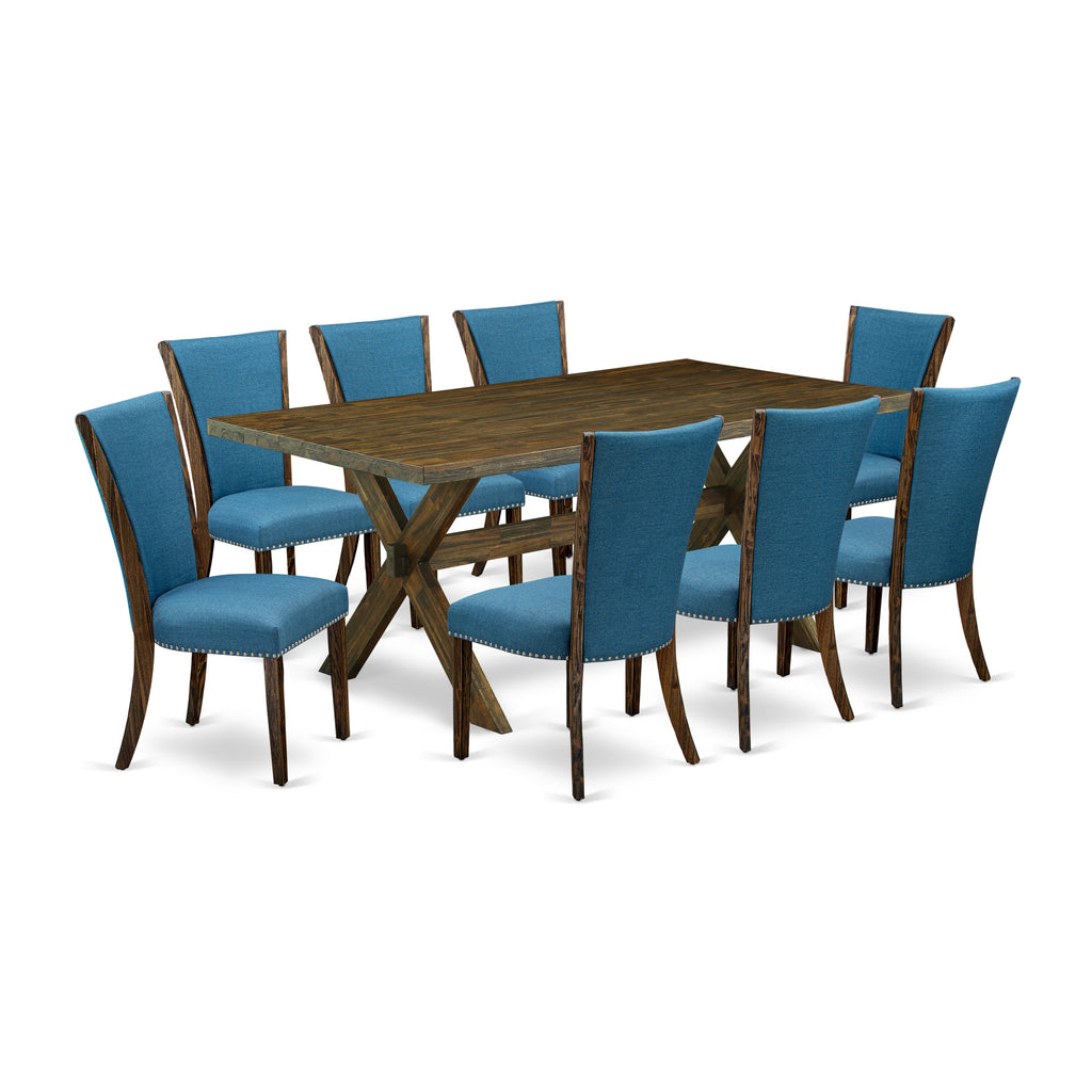 East West Furniture X777VE721-9 9 Piece Dining Set Includes a Rectangle Dining Room Table with X-Legs and 8 Blue Color Linen Fabric Upholstered Chairs, 40x72 Inch, Multi-Color