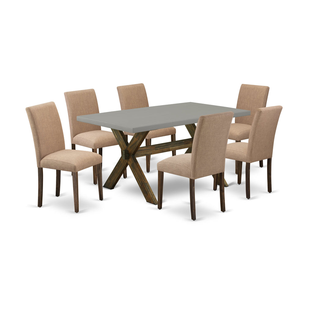 East West Furniture X796AB747-7 7 Piece Modern Dining Table Set Consist of a Rectangle Wooden Table with X-Legs and 6 Light Sable Linen Fabric Upholstered Chairs, 36x60 Inch, Multi-Color