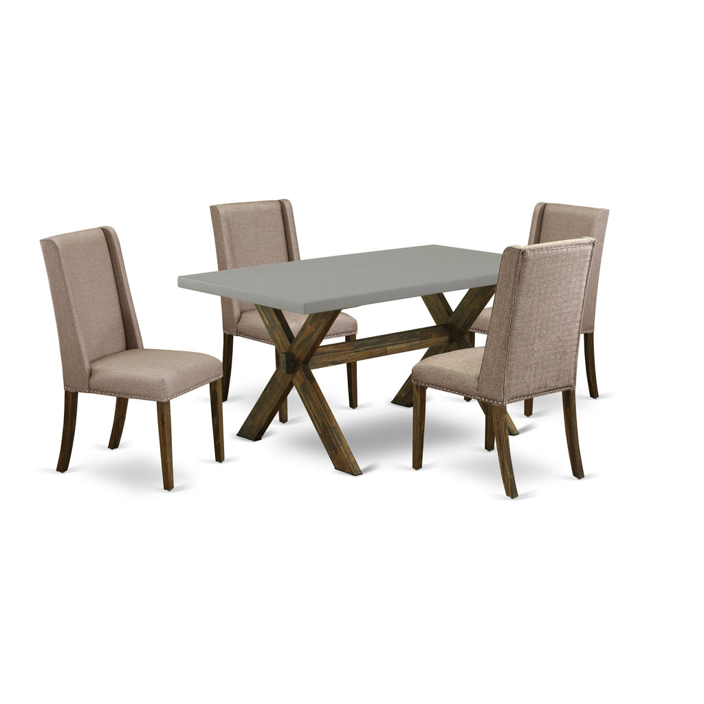 East West Furniture X796FL716-5 5 Piece Modern Dining Table Set Includes a Rectangle Wooden Table with X-Legs and 4 Dark Khaki Linen Fabric Parsons Dining Chairs, 36x60 Inch, Multi-Color