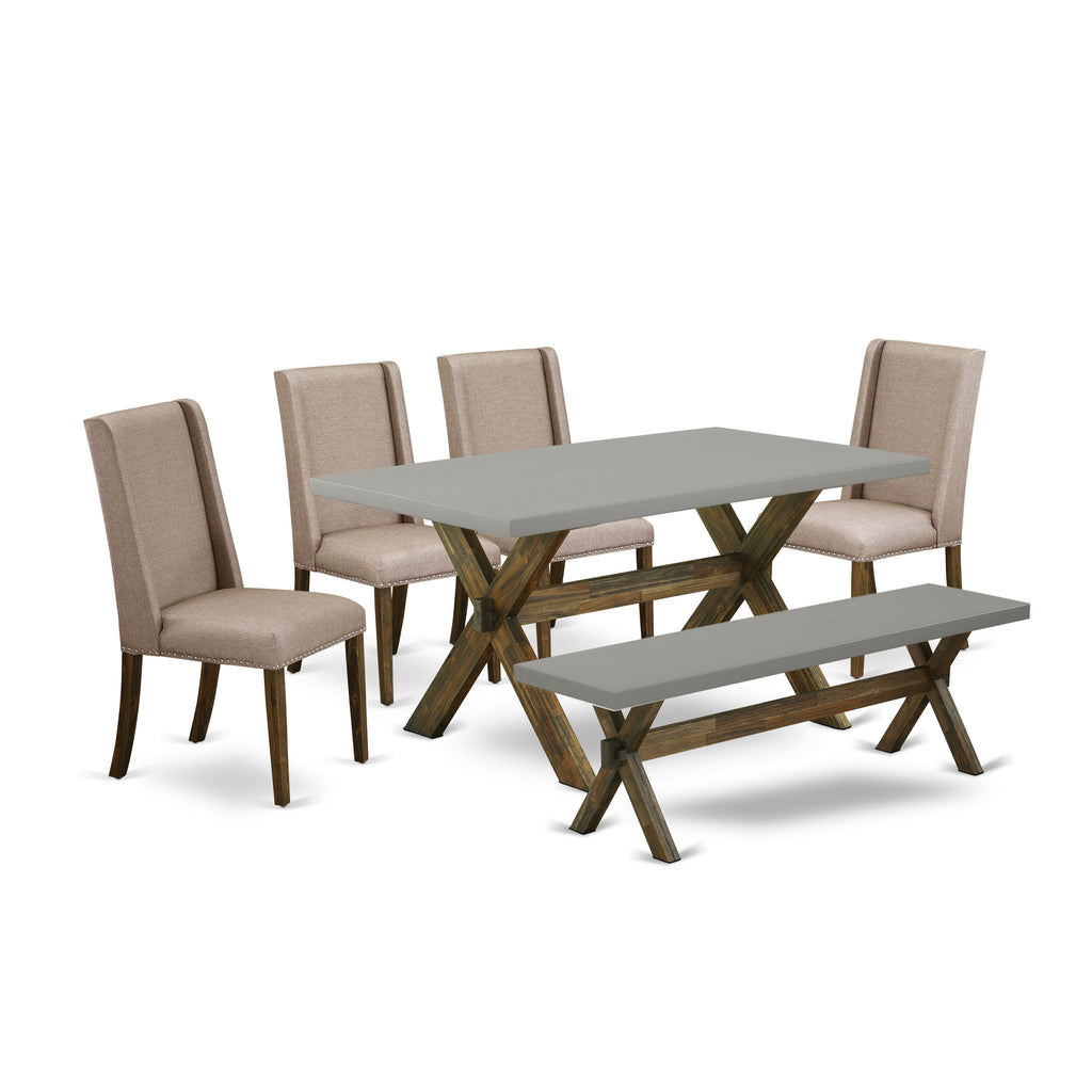 East West Furniture X796FL716-6 6 Piece Dining Table Set Contains a Rectangle Dining Room Table and 4 Dark Khaki Linen Fabric Upholstered Chairs with a Bench, 36x60 Inch, Multi-Color