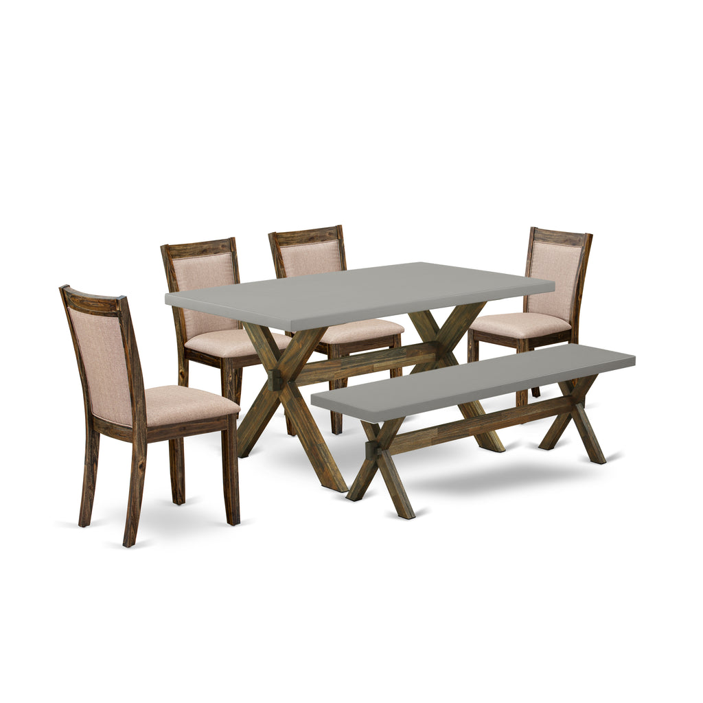 East West Furniture X796MZ716-6 6 Piece Dining Table Set Contains a Rectangle Kitchen Table with X-Legs and 4 Dark Khaki Linen Fabric Parson Chairs with a Bench, 36x60 Inch, Multi-Color