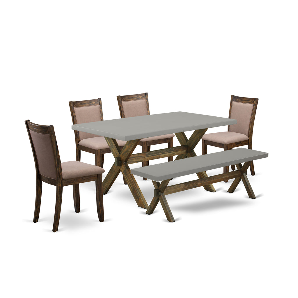 East West Furniture X796MZ748-6 6 Piece Dining Set Contains a Rectangle Dining Room Table with X-Legs and 4 Coffee Linen Fabric Upholstered Chairs with a Bench, 36x60 Inch, Multi-Color