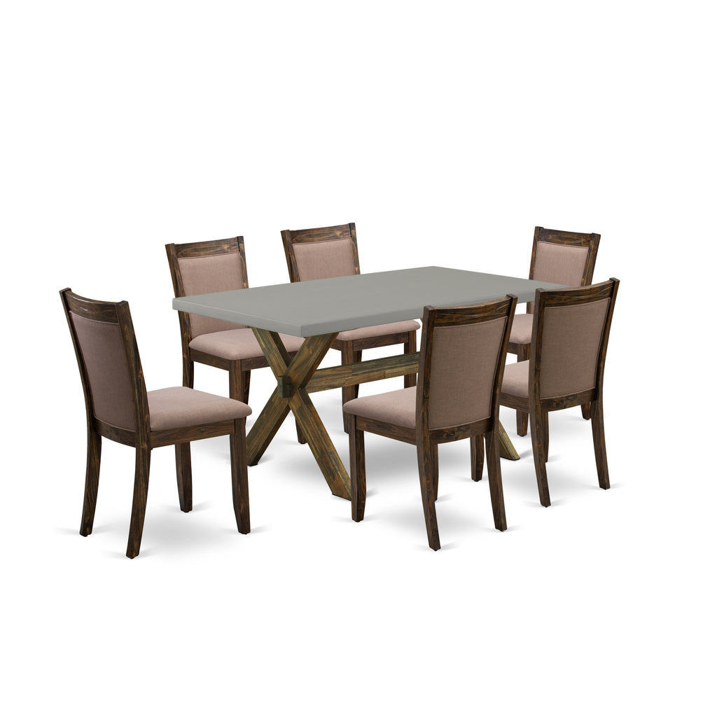 East West Furniture X796MZ748-7 7 Piece Dining Table Set Consist of a Rectangle Dining Room Table with X-Legs and 6 Coffee Linen Fabric Upholstered Chairs, 36x60 Inch, Multi-Color