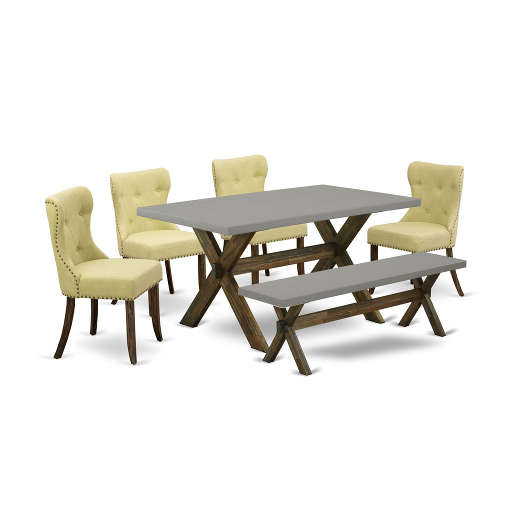 East West Furniture X796SI737-6 6 Piece Dining Table Set Contains a Rectangle Kitchen Table with X-Legs and 4 Limelight Linen Fabric Parson Chairs with a Bench, 36x60 Inch, Multi-Color
