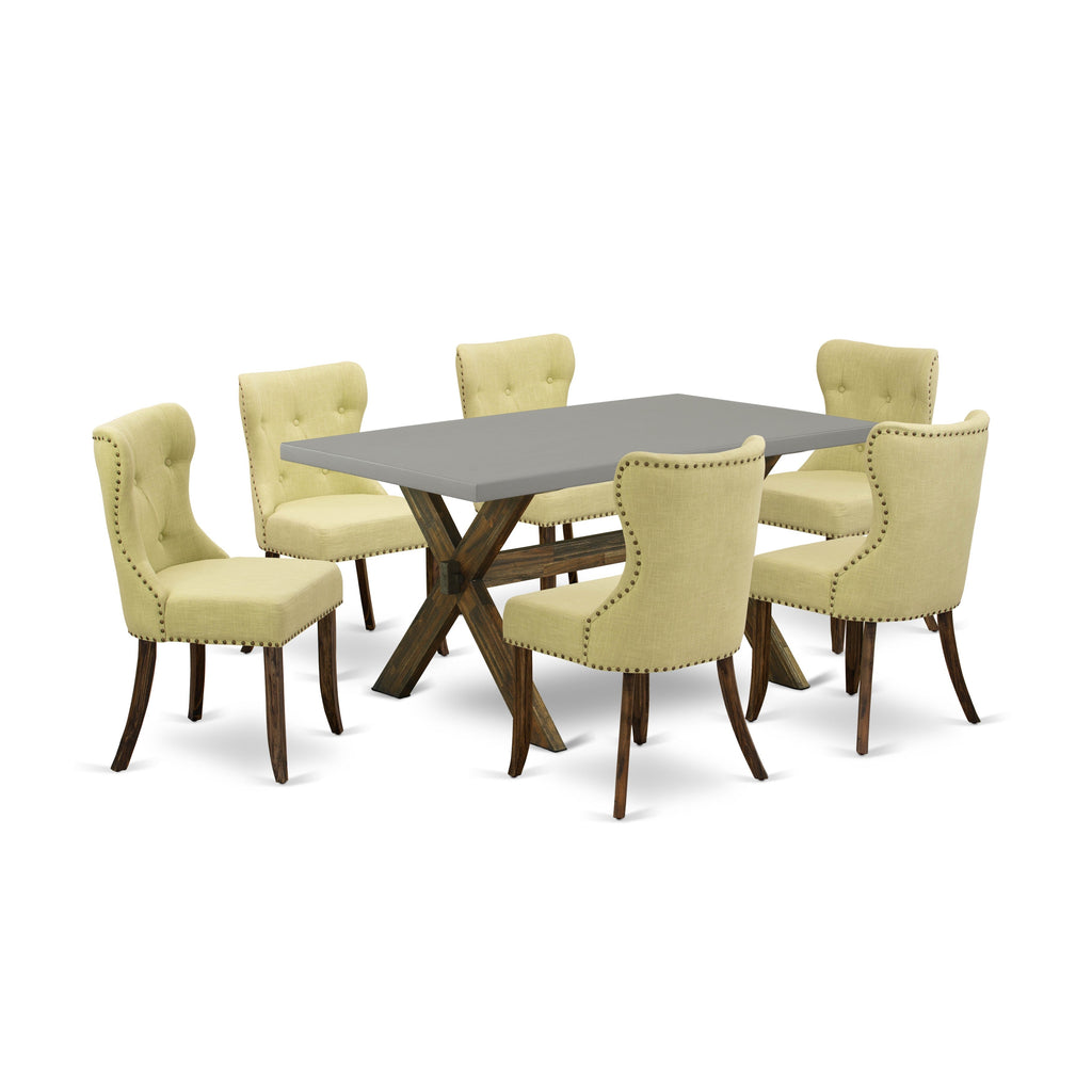 East West Furniture X796SI737-7 7 Piece Dinette Set Consist of a Rectangle Dining Table with X-Legs and 6 Limelight Linen Fabric Parson Dining Room Chairs, 36x60 Inch, Multi-Color