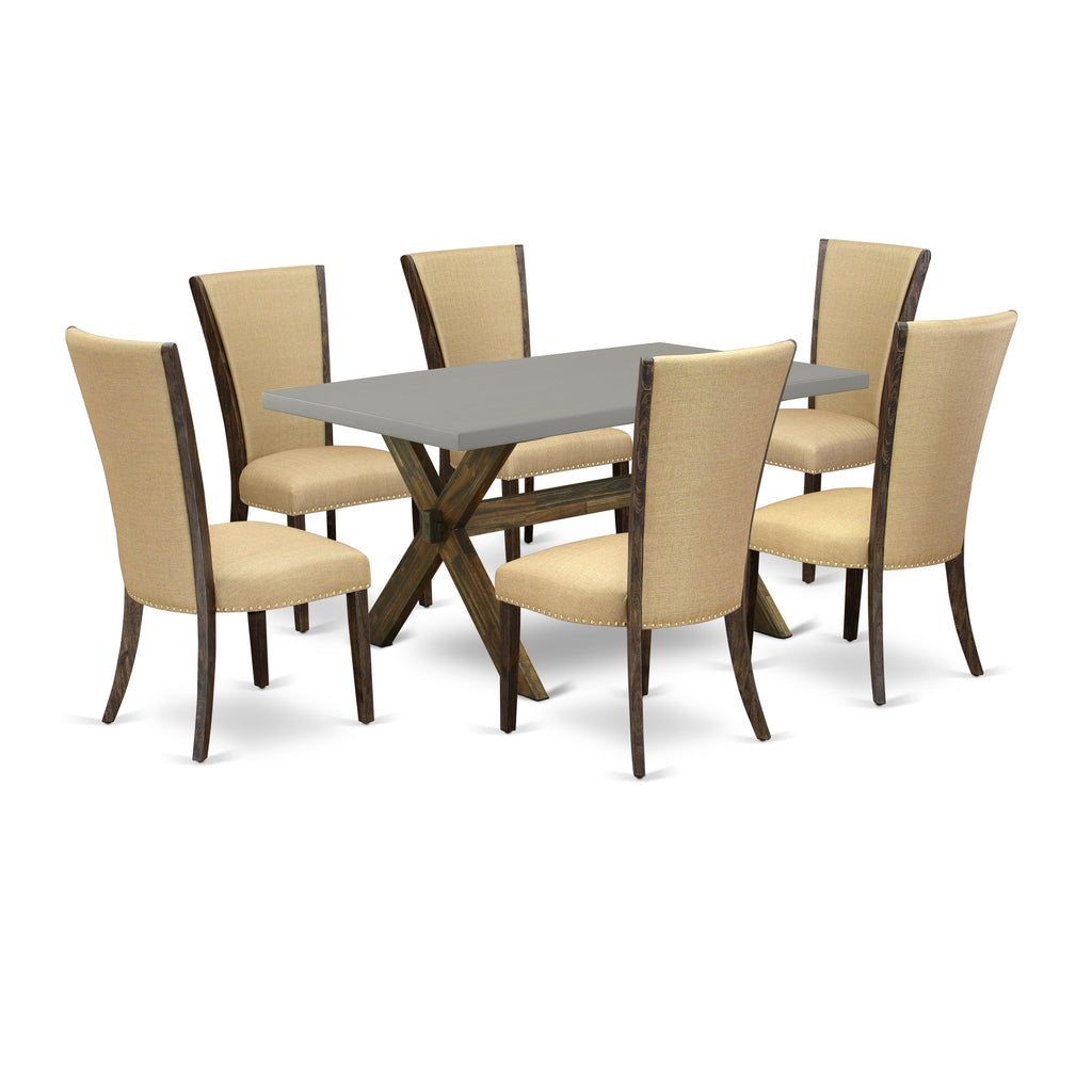 East West Furniture X796VE703-7 7 Piece Dining Room Furniture Set Consist of a Rectangle Dining Table with X-Legs and 6 Brown Linen Fabric Upholstered Chairs, 36x60 Inch, Multi-Color