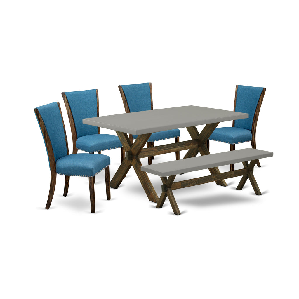 East West Furniture X796VE721-6 6 Piece Dining Table Set Contains a Rectangle Kitchen Table with X-Legs and 4 Blue Color Linen Fabric Parson Chairs with a Bench, 36x60 Inch, Multi-Color