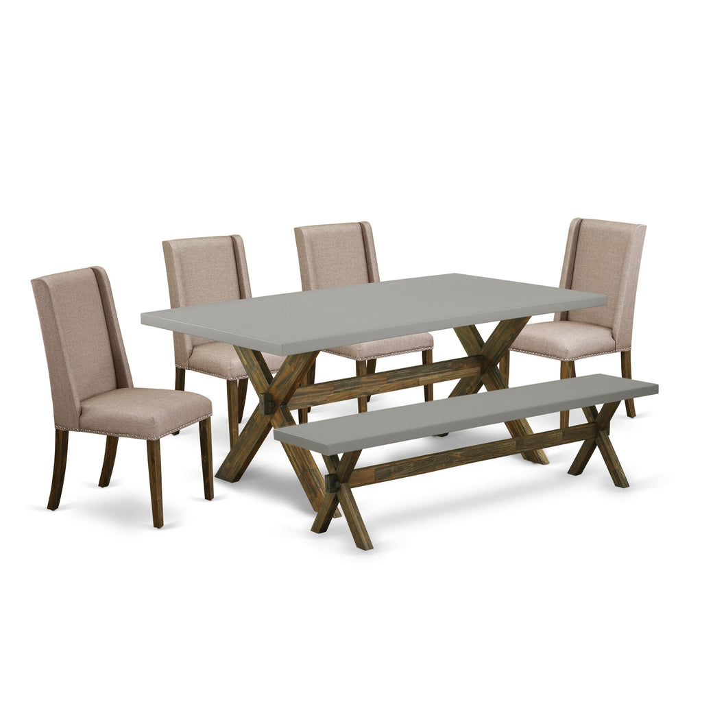 East West Furniture X797FL716-6 6 Piece Dining Table Set Contains a Rectangle Kitchen Table with X-Legs and 4 Dark Khaki Linen Fabric Parson Chairs with a Bench, 40x72 Inch, Multi-Color