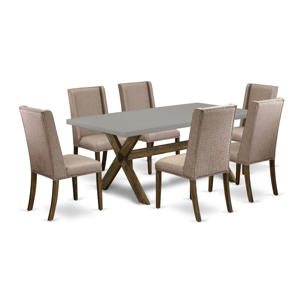 East West Furniture X797FL716-7 7 Piece Dining Table Set Consist of a Rectangle Kitchen Table with X-Legs and 6 Dark Khaki Linen Fabric Upholstered Chairs, 40x72 Inch, Multi-Color
