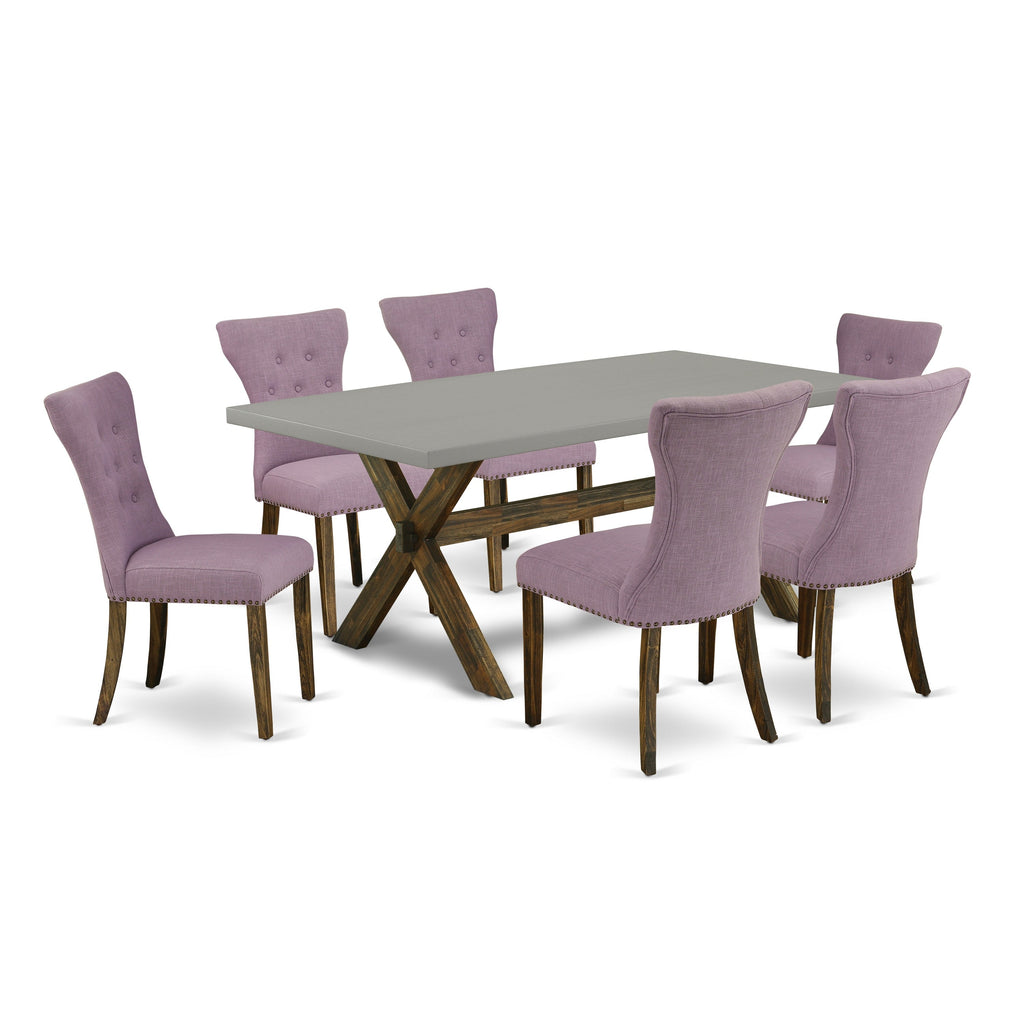 East West Furniture X797GA740-7 7 Piece Modern Dining Table Set Consist of a Rectangle Wooden Table with X-Legs and 6 Dahlia Linen Fabric Upholstered Chairs, 40x72 Inch, Multi-Color