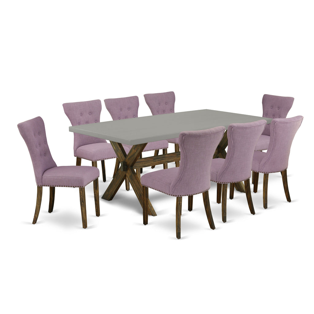 East West Furniture X797GA740-9 9 Piece Dining Room Furniture Set Includes a Rectangle Dining Table with X-Legs and 8 Dahlia Linen Fabric Parsons Chairs, 40x72 Inch, Multi-Color