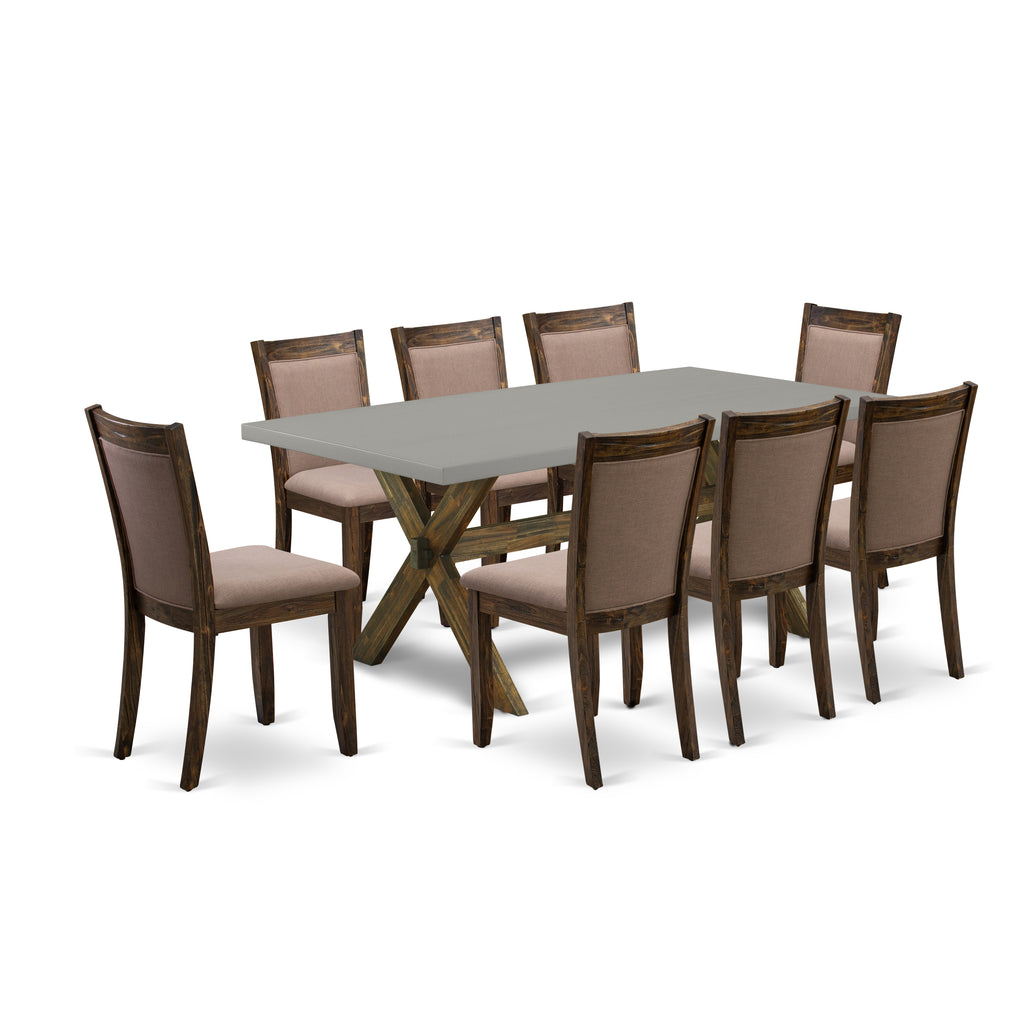 East West Furniture X797MZ748-9 9 Piece Dining Room Table Set Includes a Rectangle Kitchen Table with X-Legs and 8 Coffee Linen Fabric Parson Dining Chairs, 40x72 Inch, Multi-Color
