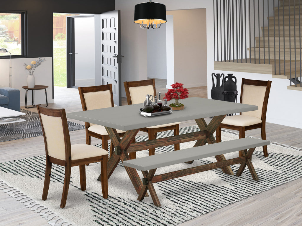 East West Furniture X797MZN32-6 6 Piece Dining Set Contains a Rectangle Dining Room Table with X-Legs and 4 Light Beige Linen Fabric Upholstered Chairs with a Bench, 40x72 Inch, Multi-Color