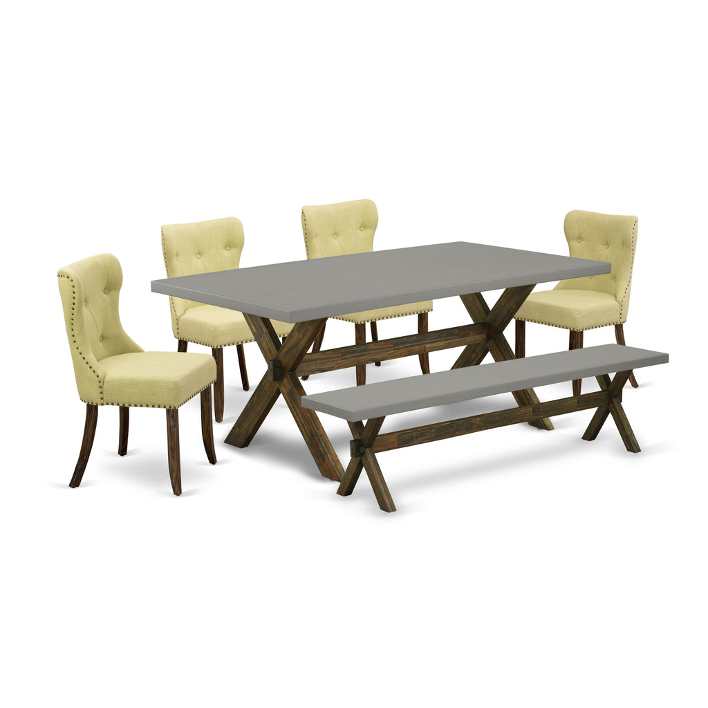 East West Furniture X797SI737-6 6 Piece Dining Table Set Contains a Rectangle Kitchen Table with X-Legs and 4 Limelight Linen Fabric Upholstered Chairs with a Bench, 40x72 Inch, Multi-Color