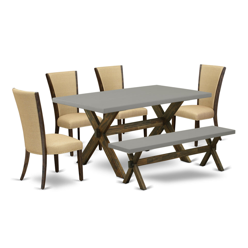 East West Furniture X797VE703-6 6 Piece Dining Set Contains a Rectangle Dining Room Table with X-Legs and 4 Brown Linen Fabric Parson Chairs with a Bench, 40x72 Inch, Multi-Color