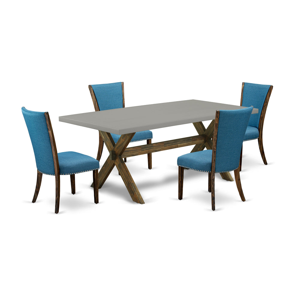 East West Furniture X797VE721-5 5 Piece Dining Table Set Includes a Rectangle Dining Room Table with X-Legs and 4 Blue Color Linen Fabric Parsons Chairs, 40x72 Inch, Multi-Color